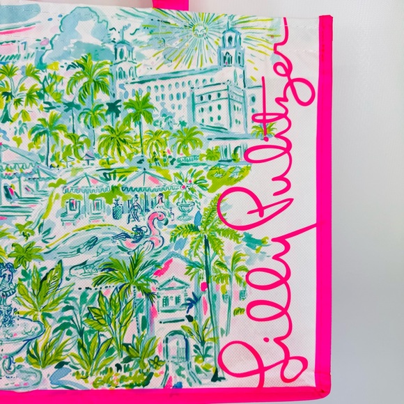 Lilly Pulitzer Palm Beach Breakers Reusable Tote Bag w insert pink, green - Picture 10 of 13